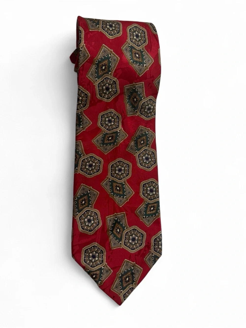 Italian Silk Collection Red Tie with Geometric Hexagonal Pattern #business
